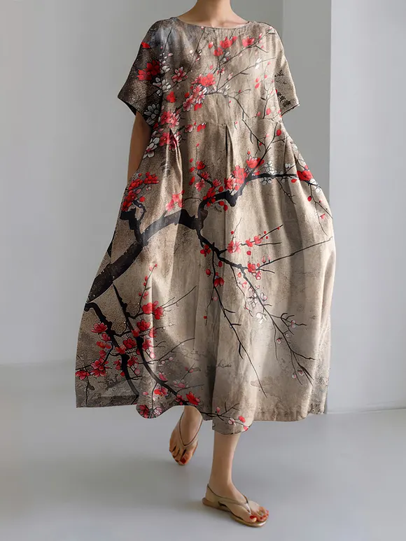 Retro Blossom Japanese Art  Round Neck Short Sleeve Casual Midi Dress