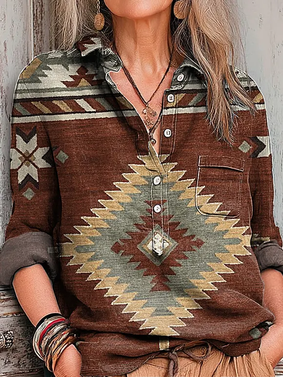Women's Vintage Ethnic Diamond Geometric Art Print Casual Cotton And Linen Shirt