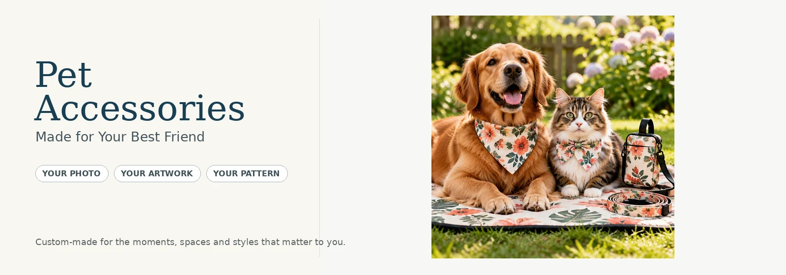 Personalized pet accessories for a dog and cat with floral designs
