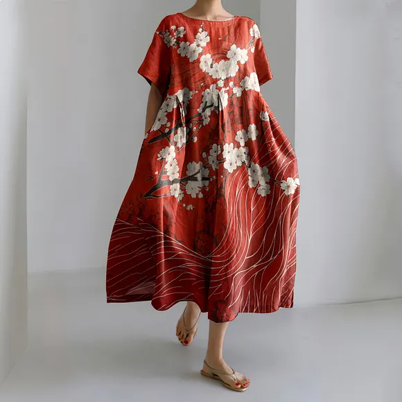 Retro Japanese Art Sakura Blossom Print Crew Neck Linen Blend Dress