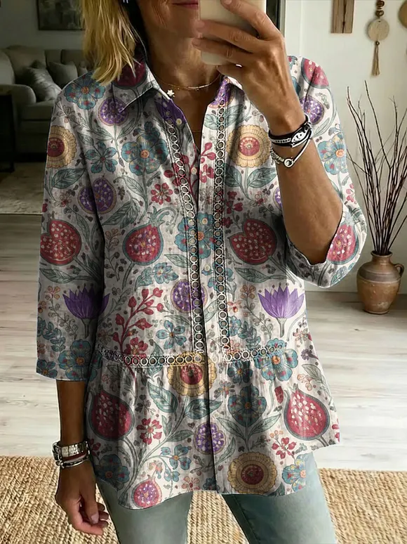 Floral Flowers Art Patterns Casual Patchwork Openwork Webbing Linen And Cotton Shirt