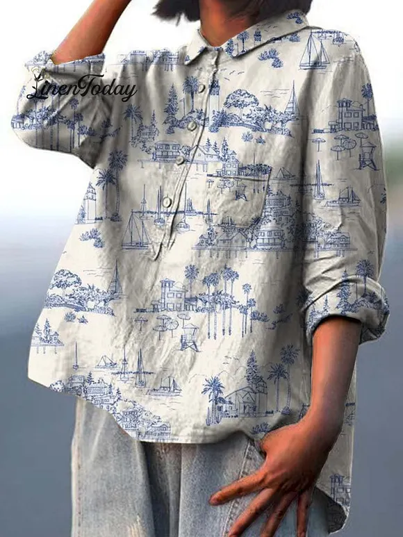 Women's Blue Simple Drawing Landscape Print Casual Cotton And Linen Shirt