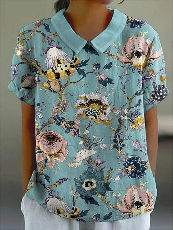 Women's Vintage Lovely Floral Art Print Casual Cotton And Linen Shirt