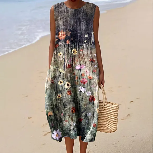 Women's Vintage Flowers Art Print Sleeveless Cotton Pocket Wrap Dress