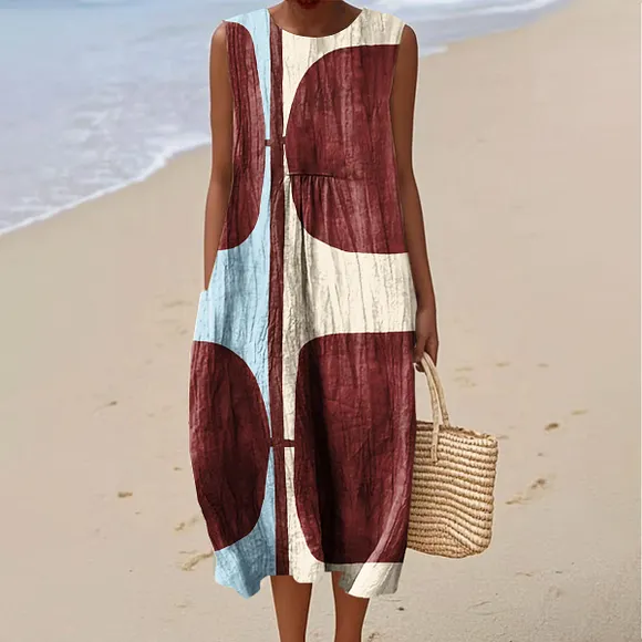 Women's Vintage Abstract Geometry Art Print Sleeveless Cotton Pocket Wrap Dress