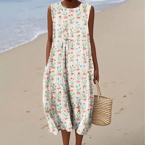 Women's Vintage Floral Bow Art Print Sleeveless Cotton Pocket Wrap Dress