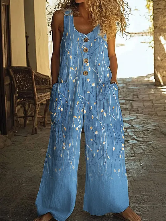 Women's Vintage Flower Print Casual Cotton And Linen Loose Straight-leg Wide-leg Pants