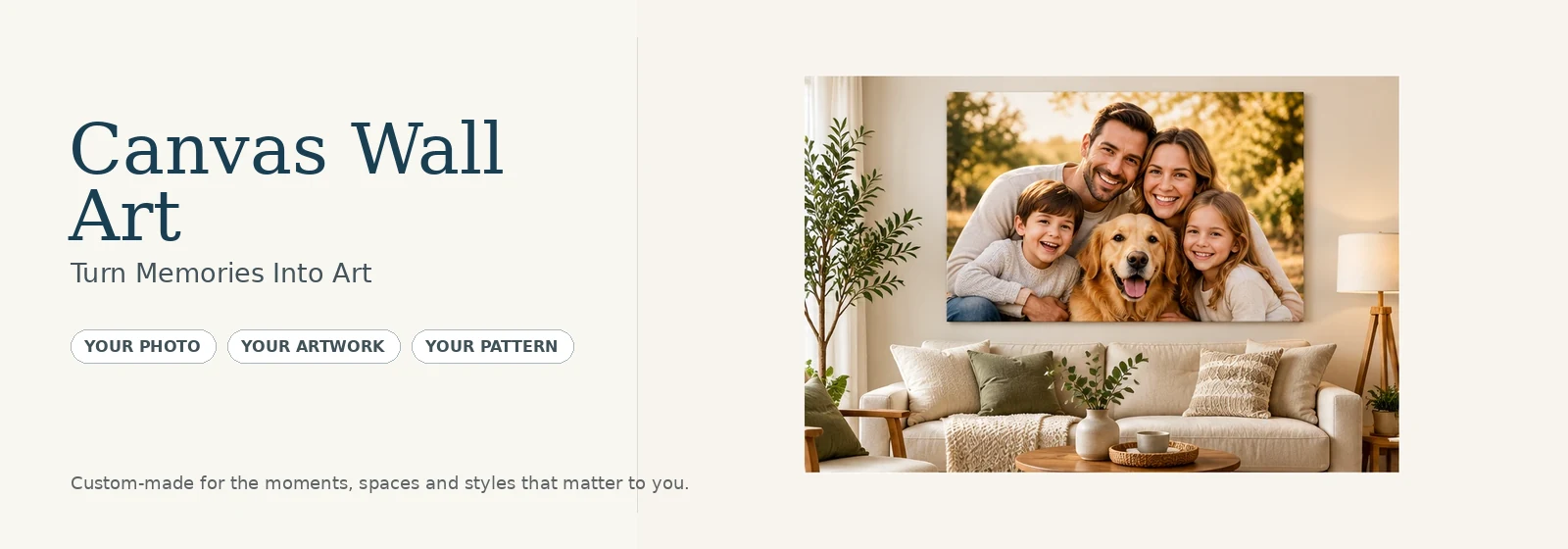 Personalized canvas wall art featuring a family photo in a modern living room