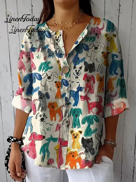 Women's Cute Kid Drawing Dog Print Casual Cotton And Linen Shirt