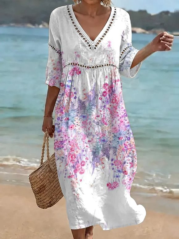Women's Floral Pattern Art Print Casual Stylish Cotton Linen Dress