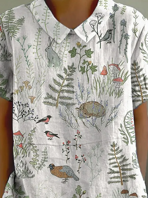 Tranquil Woodland And Animal Pattern Printed Women's Casual Cotton And Linen Shirt