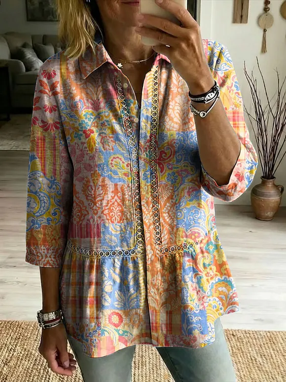 Floral Flowers Art Patterns Casual Patchwork Openwork Webbing Linen And Cotton Shirt