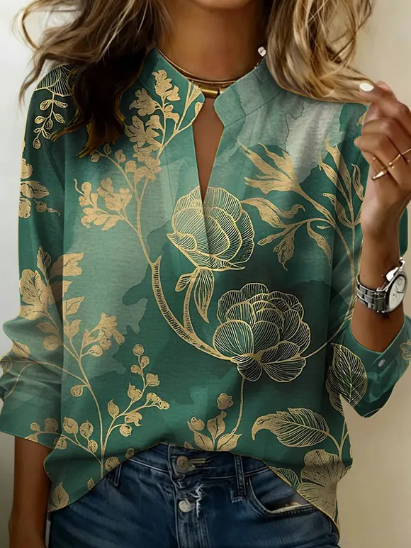 Women's Flowers Gradient Pattern Art Print Casual Cotton Linen Shirt
