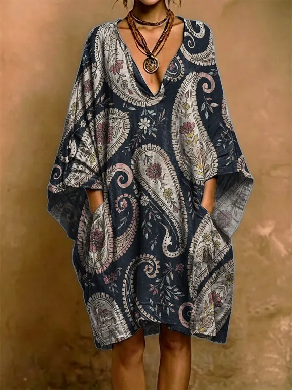 Vintage Floral Paisley Decorative Pattern Woman‘s Short Sleeve Cotton Linen Dress