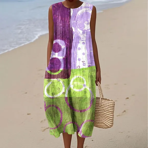 Women's Fashion Color Block Art Print Sleeveless Cotton Pocket Wrap Dress