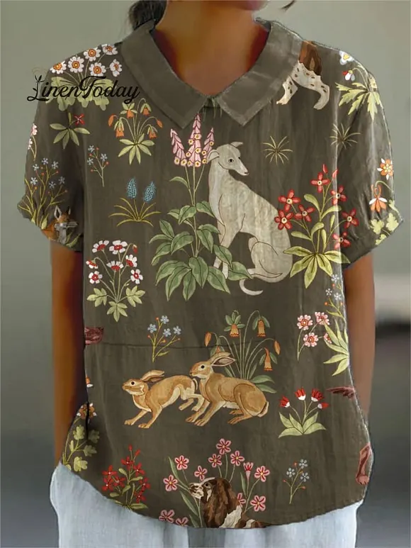 Women's Vintage Floral Animals Art Print Casual Cotton And Linen Shirt