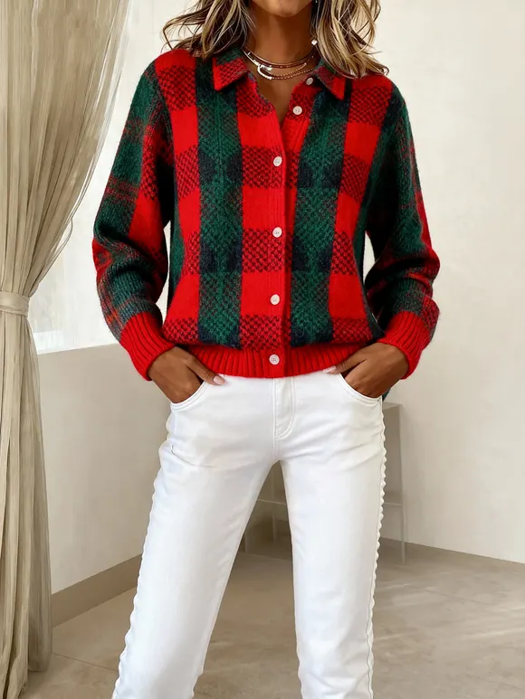 Women's Vintage Plaid Art Print Casual Sweater
