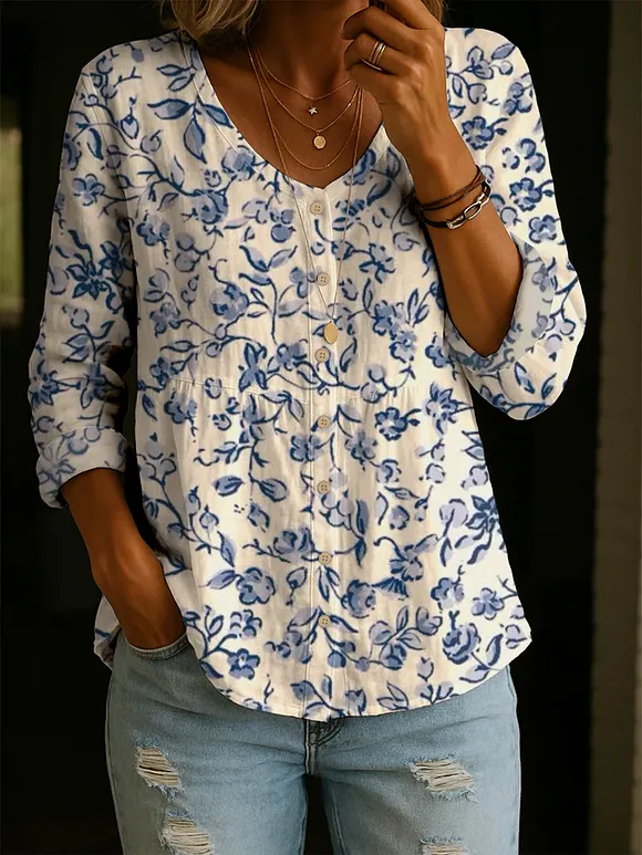 Women's Blue Vintage Flowers Print Casual Cotton Shirt