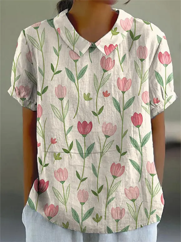 Women's Artistic Pink Tulips Print Casual Cotton And Linen Shirt