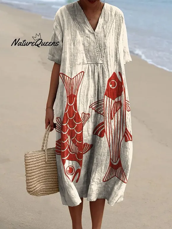 Women's Red Fish Vintage Fish Art Vintage Print Flowy Dress