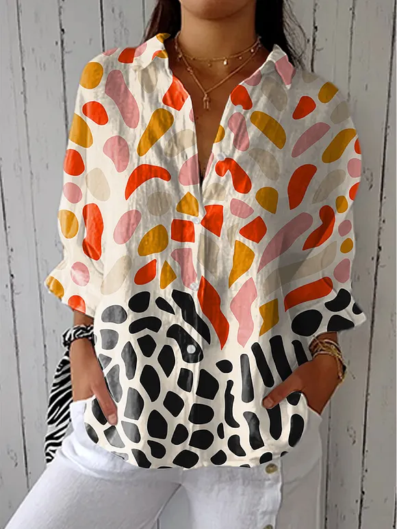 Women's Color Block Art Print Casual Linen V-neck Shirt