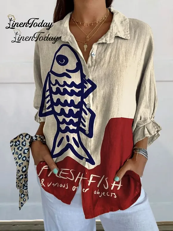 Women's Vintage Fish Art Print Casual Cotton And Linen Shirt