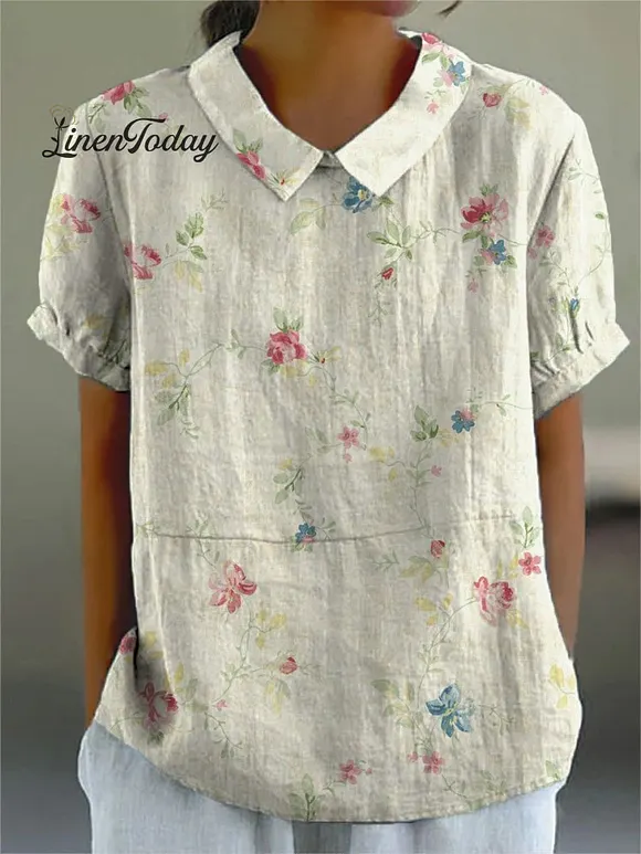 Women's Floral  Print Casual Cotton And Linen Shirt