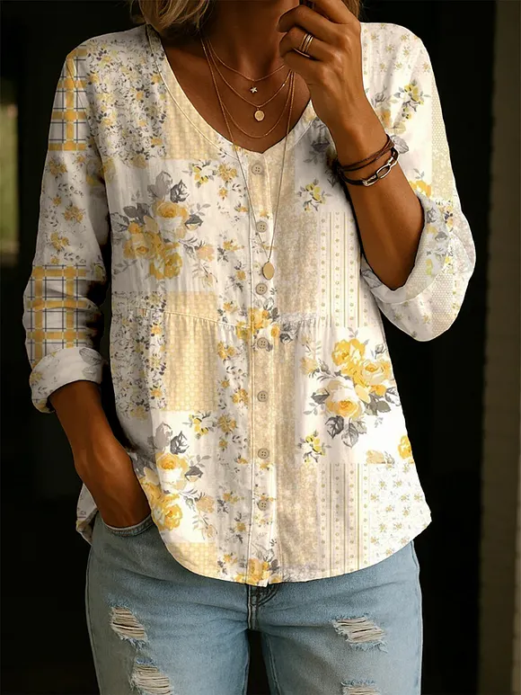 Women's Flower Pattern Art Print Casual Cotton Shirt