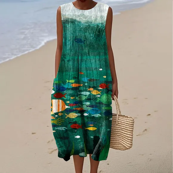 Women's Vintage Fish Art Print Sleeveless Cotton Pocket Wrap Dress