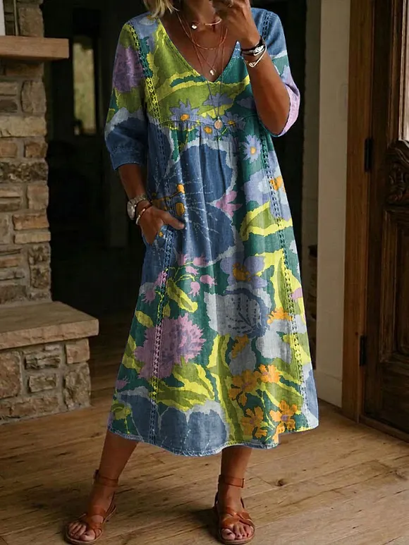 Women's Flower Print Casual Loose-fit Cotton-linen Dress With Lace Trim And Paneling