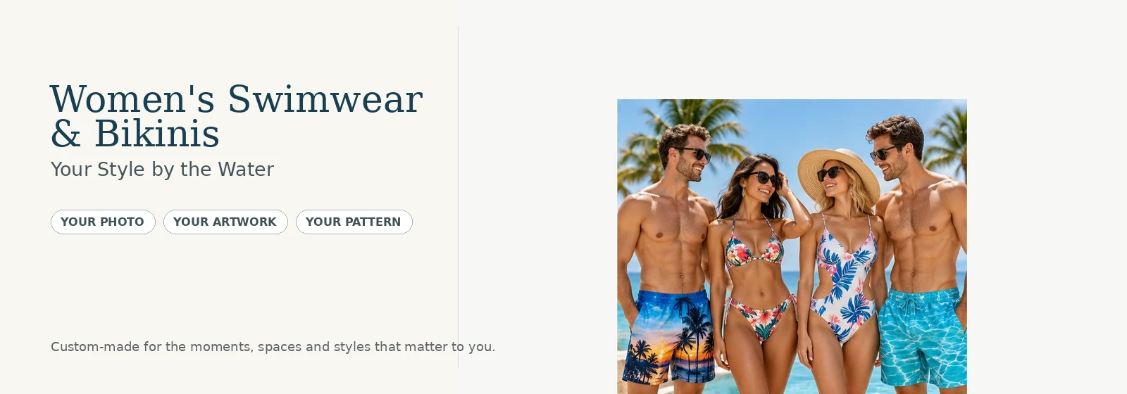 Custom swimwear and bikinis with colorful tropical and beach designs
