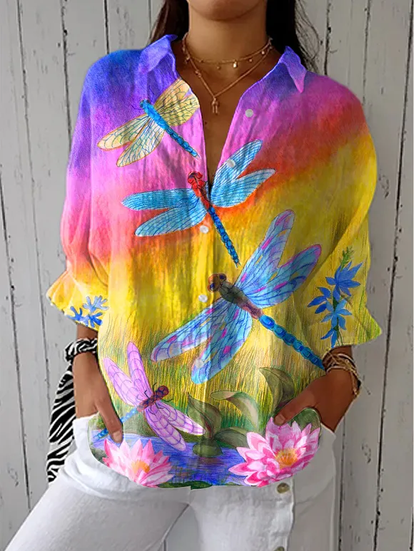 Women's Colorful Flowers Dragonfly Art Print Casual Linen V-neck Shirt