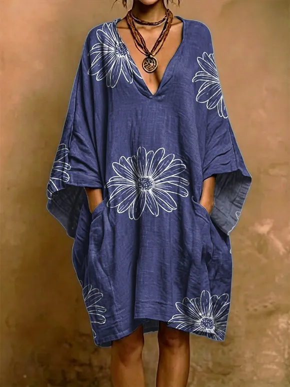Artistic Floral Decorative Patterns Woman‘s Short Sleeve Cotton Linen Dress