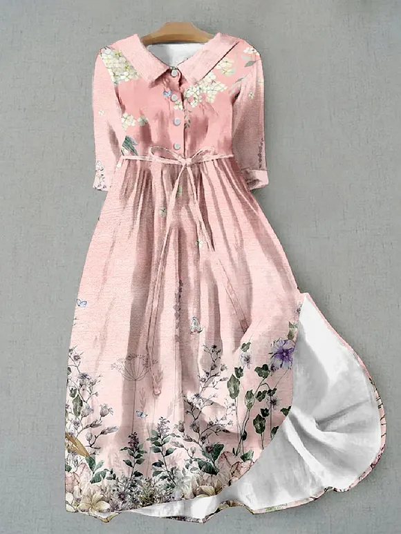 Floral Print Waist Tie-Up Lapel Midi Dress