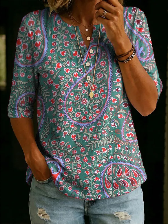 Women’s Floral Pattern Art Casual Classic Henley Collar 100% Cotton T-shirt