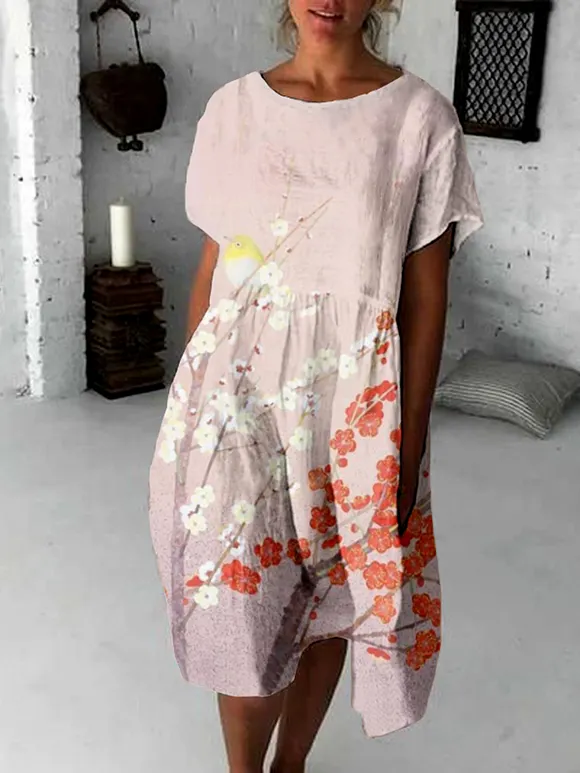 Cherry Blossom And Bird Japanese Art Flowy Midi Dress