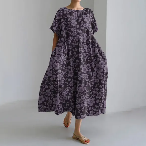 Vintage Flower Print Crew Neck Short Sleeve Loose Midi Dress