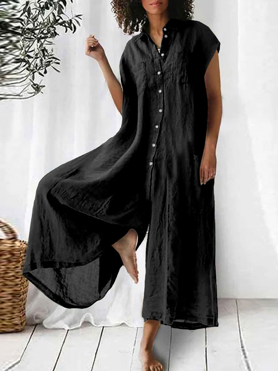 Women's  Solid Color Casual Cotton and Linen Shirt Jumpsuit